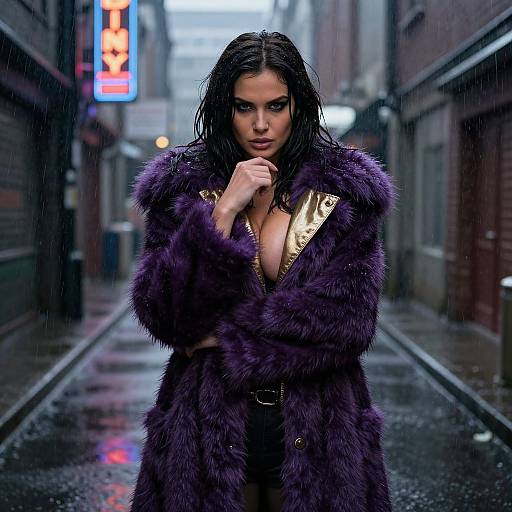 Photograph-style digital art: Dark-haired woman in purple fur coat, gold lining, standing in rainy urban alley, neon signs in background.