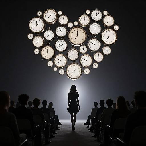 Silhouetted woman walks center stage as large, glowing clocks form heart shape above dark, seated audience in minimalist, black-and-white photograph.