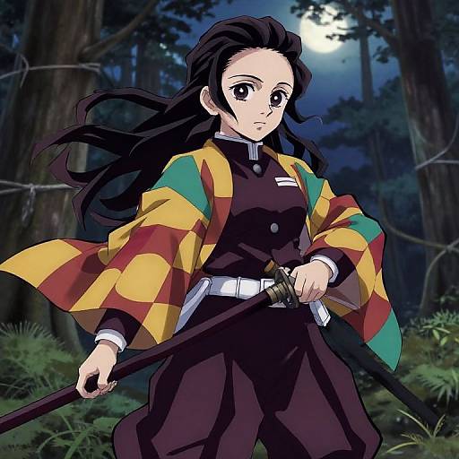 Anime-style digital drawing of a young girl with long black hair, wearing a black uniform, colorful checkered jacket, and holding a katana, standing