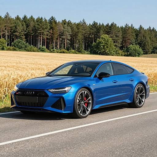 Photograph of a vibrant blue Audi RS4 sedan with black rims and red brake calipers driving on a rural road, golden field and dense forest in