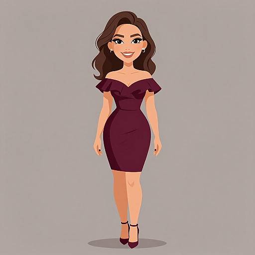 Digital illustration of a smiling woman with long dark brown hair, wearing an off-shoulder, form-fitting purple dress and matching heels, against a