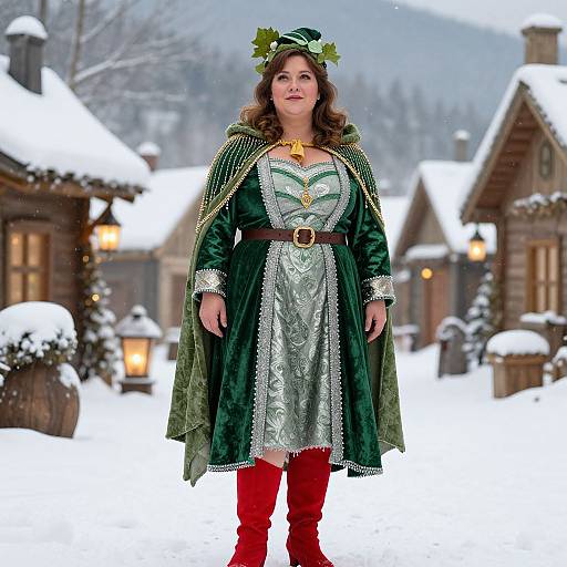 Photograph of a woman in a green velvet Christmas elf costume with white lace, red boots, and a green hat, standing in a snowy village with