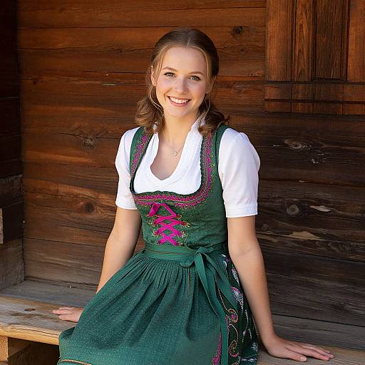 Photograph of a smiling young woman with light brown hair in a traditional German dirndl dress, white blouse, and pink embroidery, sitting on a wooden