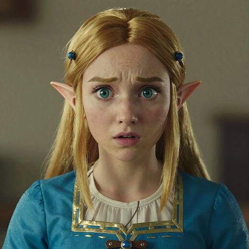Photograph of a young woman with blonde hair, elf ears, blue eyes, wearing a blue medieval-style dress, looking surprised. Background is blurred.