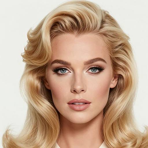 Photorealistic portrait of a blonde woman with blue eyes, full lips, and wavy hair, set against a white background.