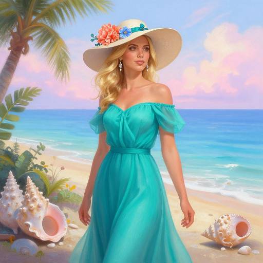 Digital painting of a blonde woman in an off-shoulder turquoise dress and white sunhat with flowers, walking on a tropical beach with palm trees,