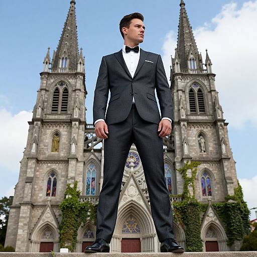 Confident Man in Gothic Church Setting