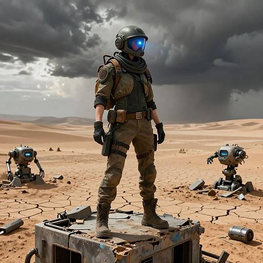 Digital artwork of a futuristic astronaut in full armor, standing on a platform in a desert, with two robots and dark storm clouds in the background.