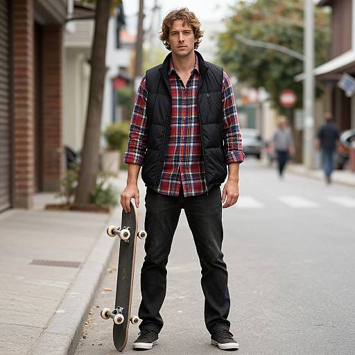 Photograph of a young man with curly brown hair, wearing a plaid shirt, black vest, and jeans, holding a skateboard on a city street