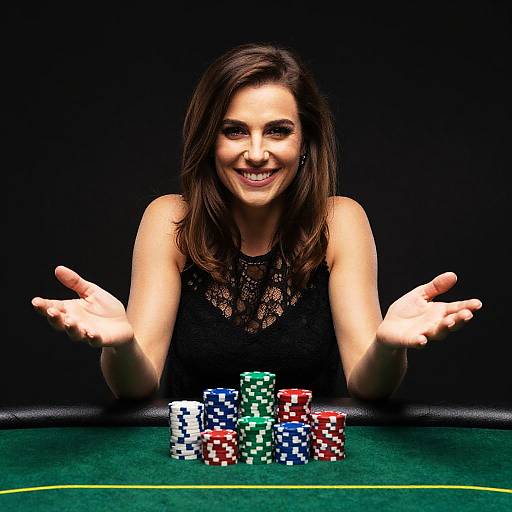 Photograph of a smiling brunette woman in a black lace top, hands open, behind a green poker table with colorful stacked poker chips. Black background.