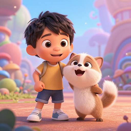 CGI image of a happy, brown-haired boy in a yellow shirt and blue shorts standing with a fluffy, brown-and-white raccoon in a colorful