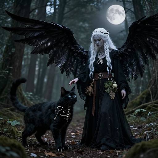 Mystical photograph of a pale, white-haired woman with black wings and dark dress, standing in a moonlit forest, with a black cat by