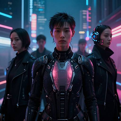 Cyberpunk scene: Asian woman with short black hair, neon-lit futuristic armor, and three team members in dark, high-tech attire, standing