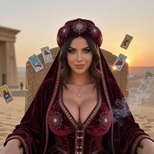 Digital artwork of a dark-haired woman with large breasts, wearing a deep burgundy, ornate robe and headscarf, seated on a carved throne