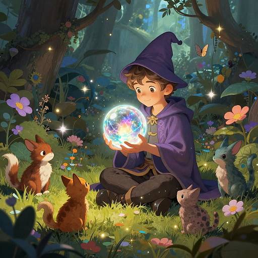 Young Wizard with Crystal Orb in Enchanted Garden
