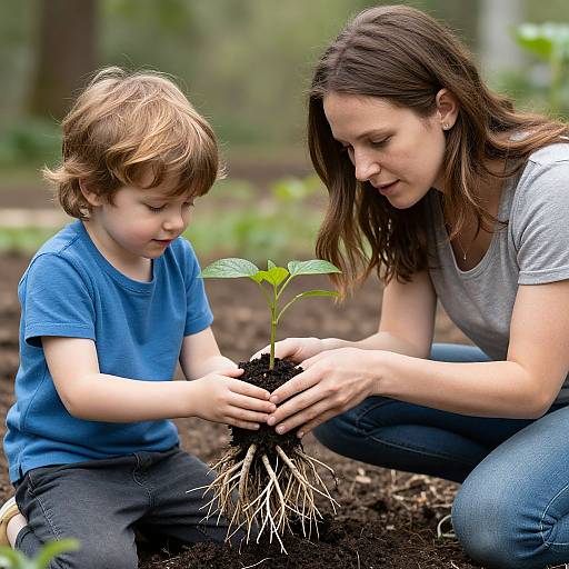 Photograph of a brown-haired woman and a young boy planting a green seedling in a garden, both kneeling on dark soil.