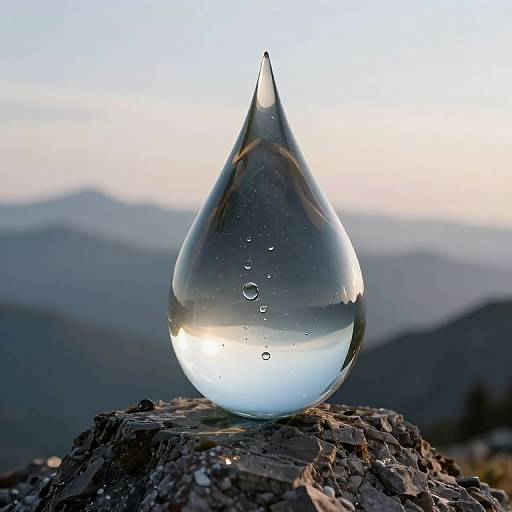 Photograph of a clear glass droplet with bubbles, perched on a rocky peak, reflecting mountains and a misty horizon at sunset.