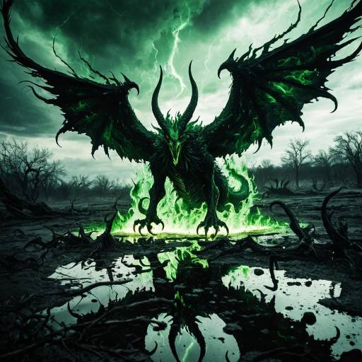 Green Flame Dragon on Dark Battlefield