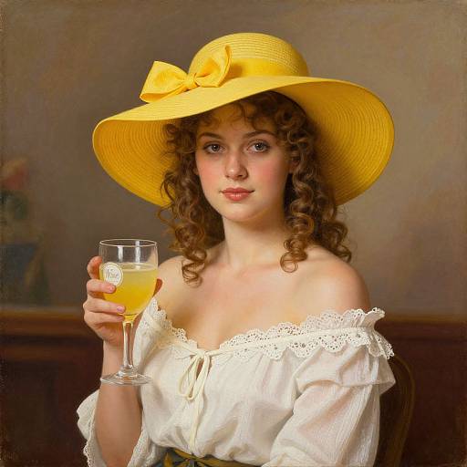 Photorealistic painting of a fair-skinned woman with curly brown hair, wearing a yellow sunhat and white off-shoulder blouse, holding a