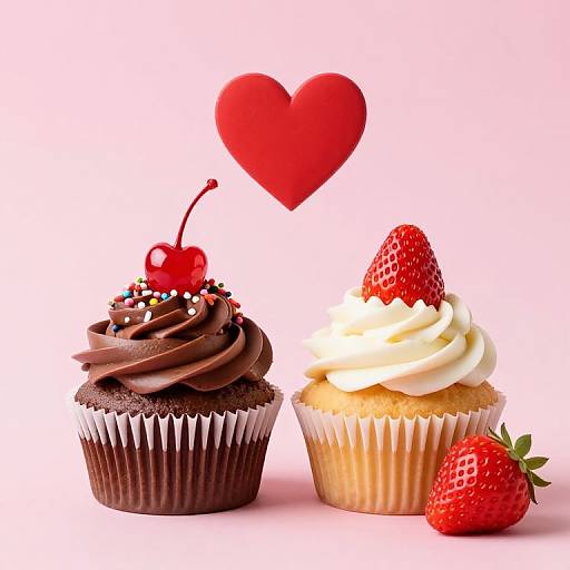 Photograph of two cupcakes: one chocolate with cherry and sprinkles, one vanilla with strawberry, topped with a red heart.