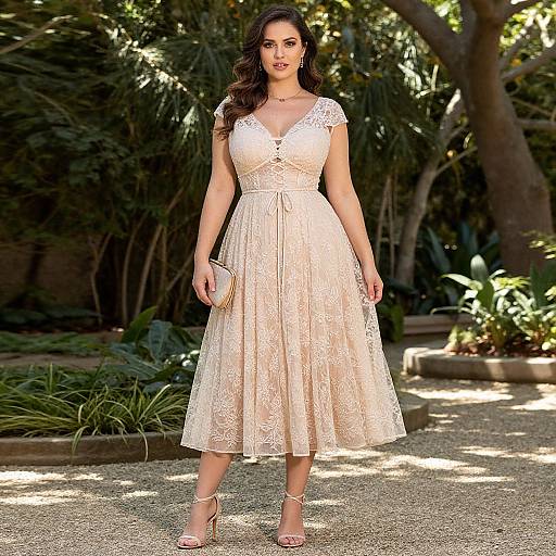 Photograph of a brunette woman with wavy hair, wearing a lace, V-neck, knee-length dress, holding a clutch, standing in a sun