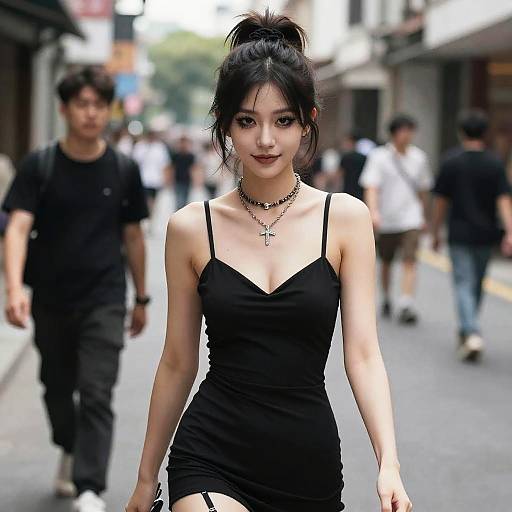 Photograph of an Asian woman with black hair in a bun, wearing a black spaghetti-strap dress, cross necklaces, walking down a busy urban