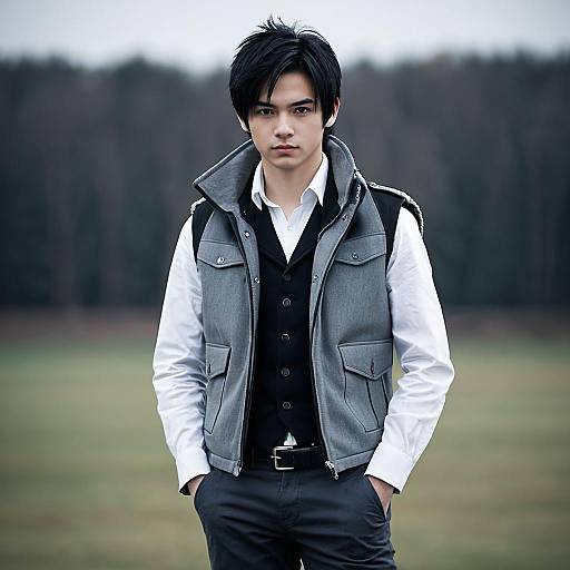 Young Man in Gray Vest and White Shirt Outdoors