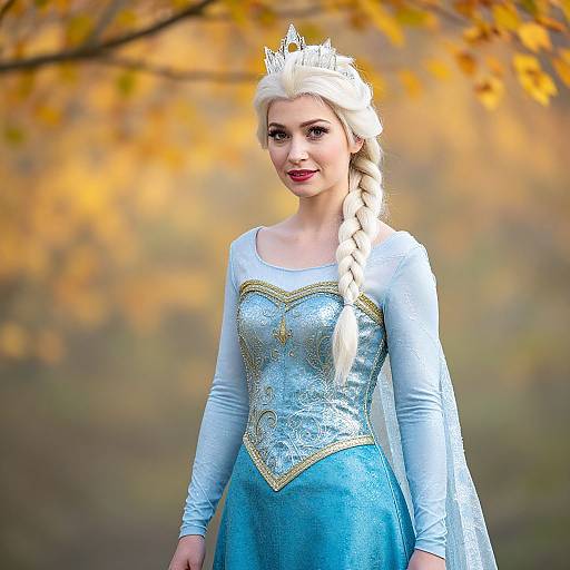 Photograph of a blonde woman dressed as Elsa from Frozen, wearing a silver crown, blue dress with gold trim, long braid, smiling, against
