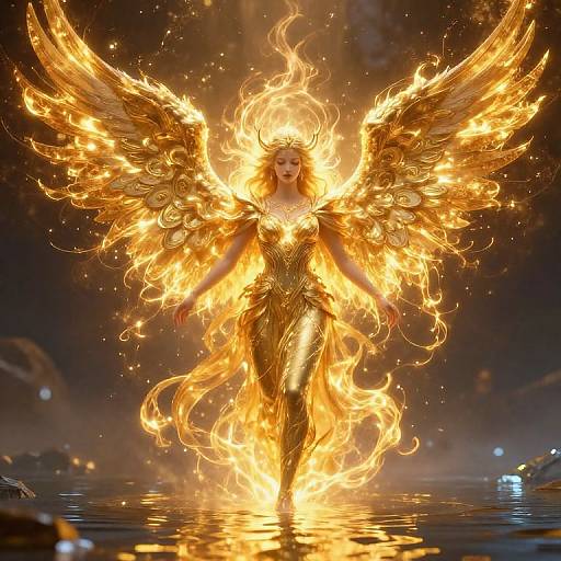 Digital artwork of a fiery, golden-winged angel with radiant flames, flowing dress, and glowing halo, standing on a reflective surface.