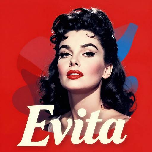 Digital art portrait of a fair-skinned woman with dark, wavy hair, red lipstick, and bold eyeliner, set against a vibrant red background