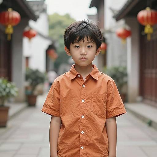 Young Asian Boy in Orange Shirt on Street