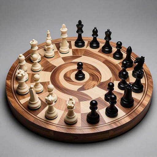 Photograph of a circular wooden chessboard with black and white chess pieces arranged in starting positions, set against a gray background.