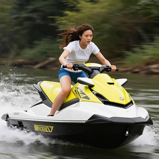 Young Woman Speeding on Yellow Jet Ski