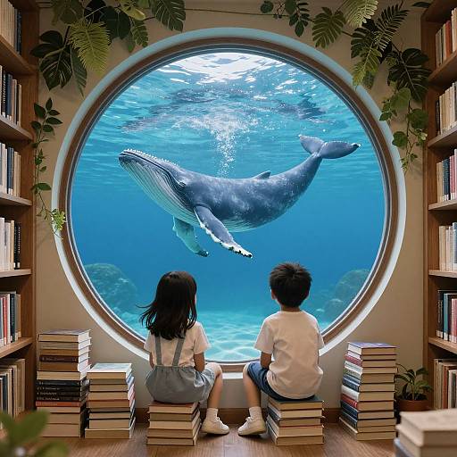 Children Watching Whales Through Library Window