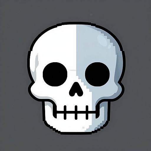 Digital pixel art of a white and light blue skull with black eye and nose holes, and black teeth, on a dark gray background.