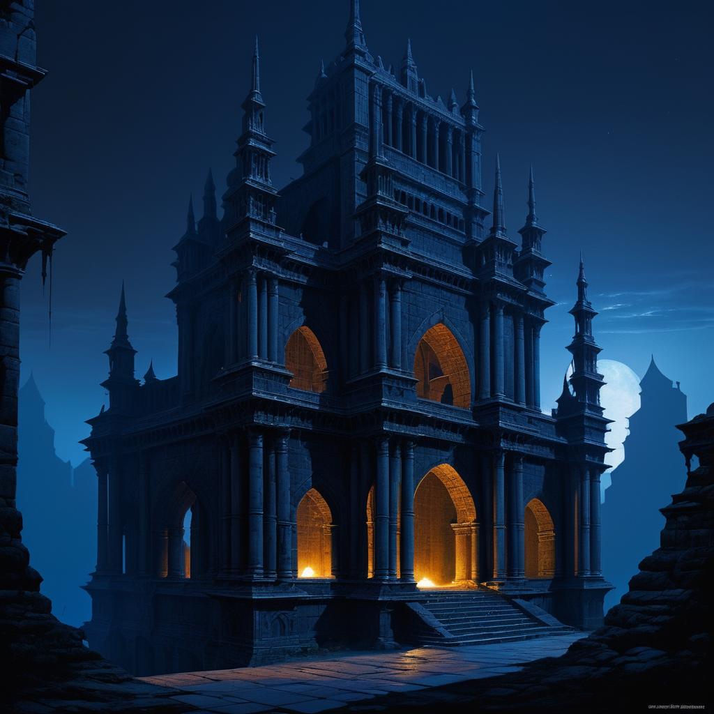 Dark Fantasy Ruined Palace at Night