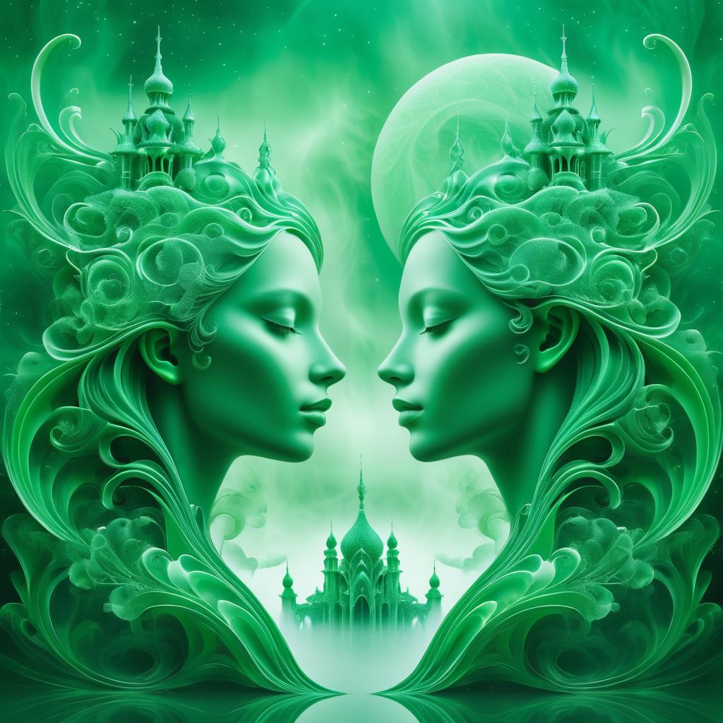 Ethereal Faces in Dreamlike Green Landscape