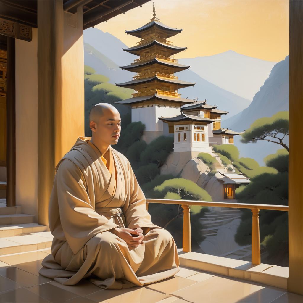 Serene Monk in Tranquil Mountain Temple