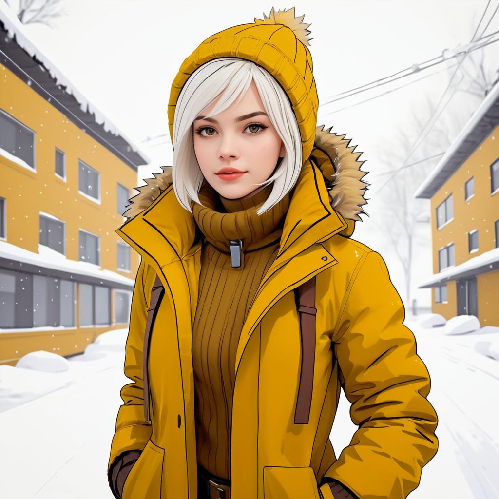 Stylized Winter Scene with Platinum-Haired Woman