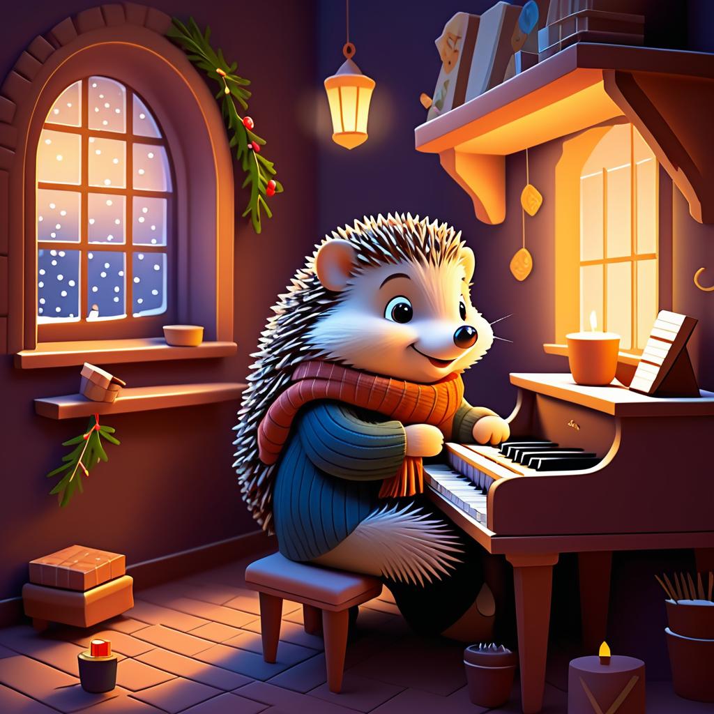 Hedgehog Playing Piano in Cozy Nook