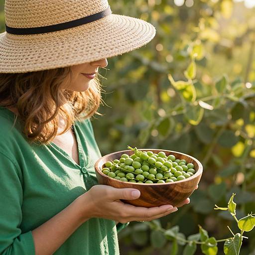 Photograph of a woman in a green shirt and straw hat, holding a wooden bowl of green peas, standing in a sunlit pea field.