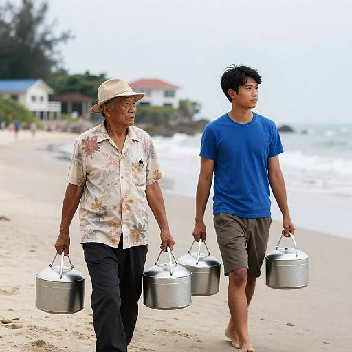 Beach Walk with Two Men Holding Pots