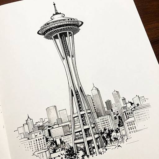 Monochrome ink sketch of Seattle's Space Needle towering over a detailed cityscape with dense, stylized buildings and trees below.