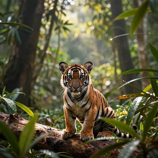 Photograph of a young tiger with striking orange and black stripes, standing alert on a sunlit fallen log in a lush, green forest.