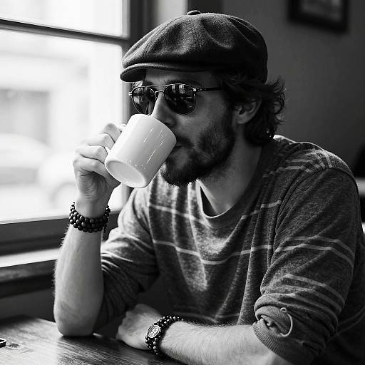 Black-and-white photograph of a bearded man in a flat cap and striped shirt, sipping from a cup at a window.
