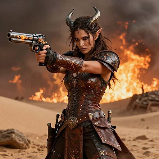 Digital artwork of a fierce, dark-haired female demon with horns, firing a golden revolver in a fiery, desert battle scene.