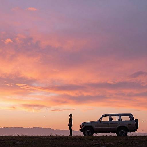 Lone figure with vintage SUV at sunset