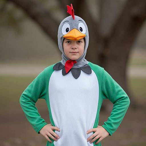 Photograph of a young boy in a chicken costume with green sleeves, white body, grey headpiece, and orange beak, standing outdoors with hands