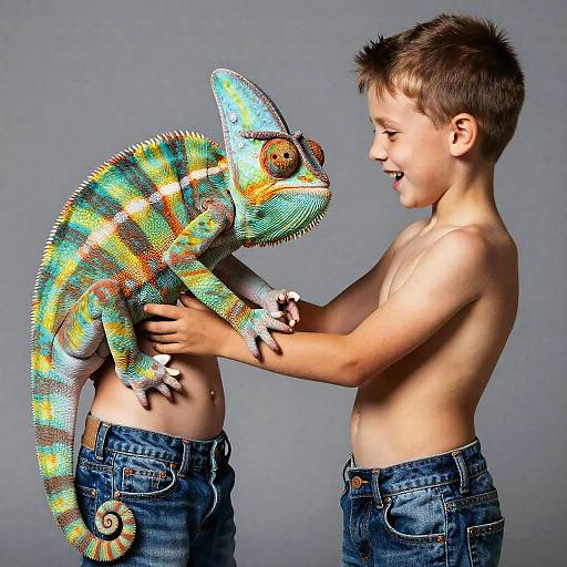 Boy Hugging Youthful Chameleon Boy