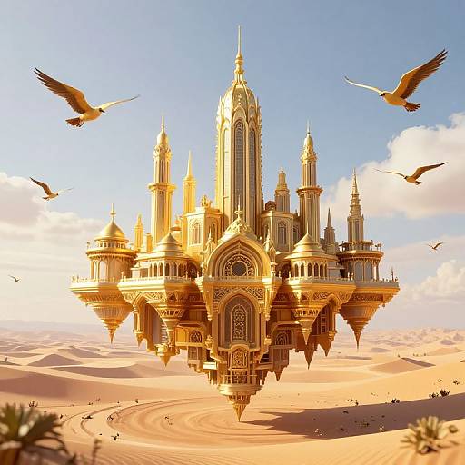 Photorealistic CGI of a golden, Gothic-style floating castle with intricate arches and spires, surrounded by flying birds, set in a desert with